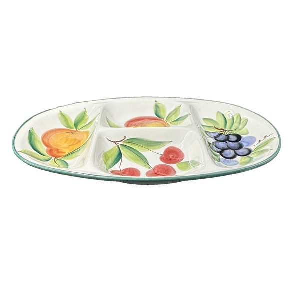 Handmade, Hand-Painted Large Oval Ceramic Fruit Pattern Divided Platter - Italy - Picture 5 of 7